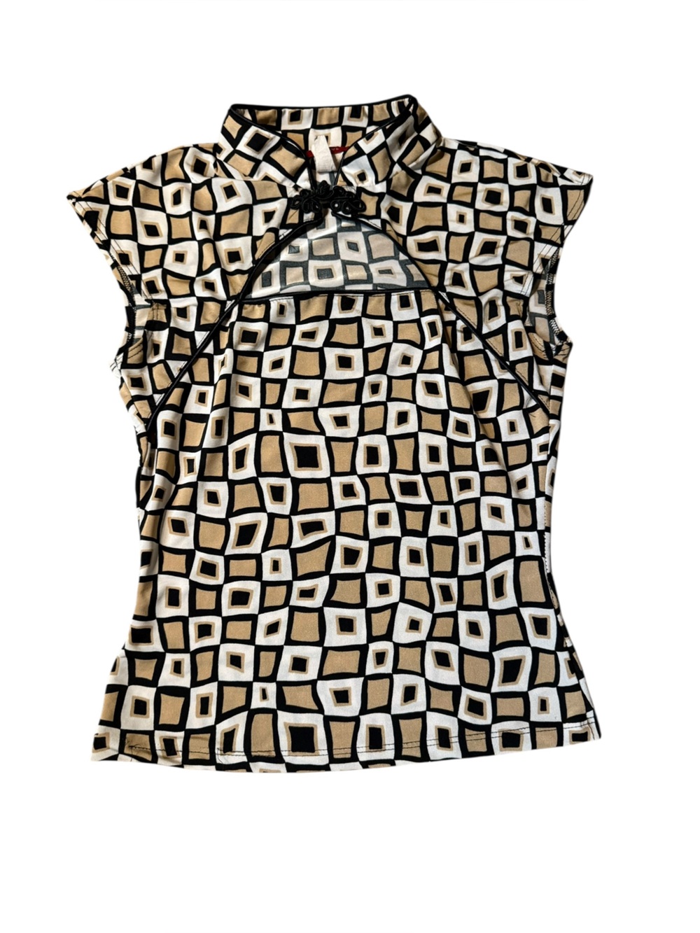 Geometric Print Cap Sleeve Top - Black & Tan